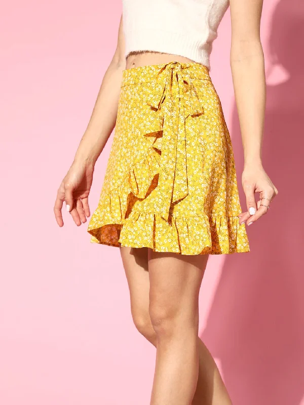 Berrylush Women Yellow & White Ditsy Floral Printed Waist Tie-Up Ruffled Wrap Mini Skirt