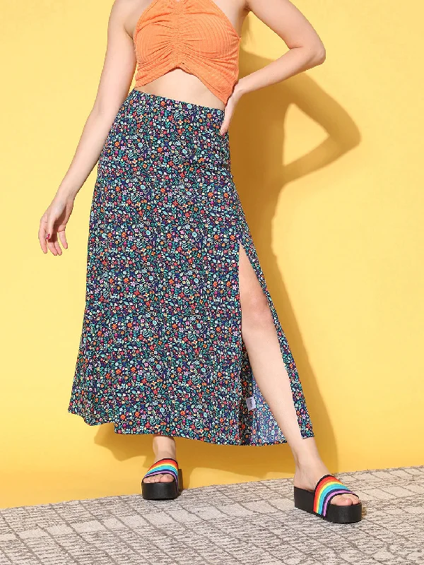 Berrylush Women Navy Blue & Red Floral Printed High-Rise Waist Side-Slit Flared A-Line Maxi Skirt