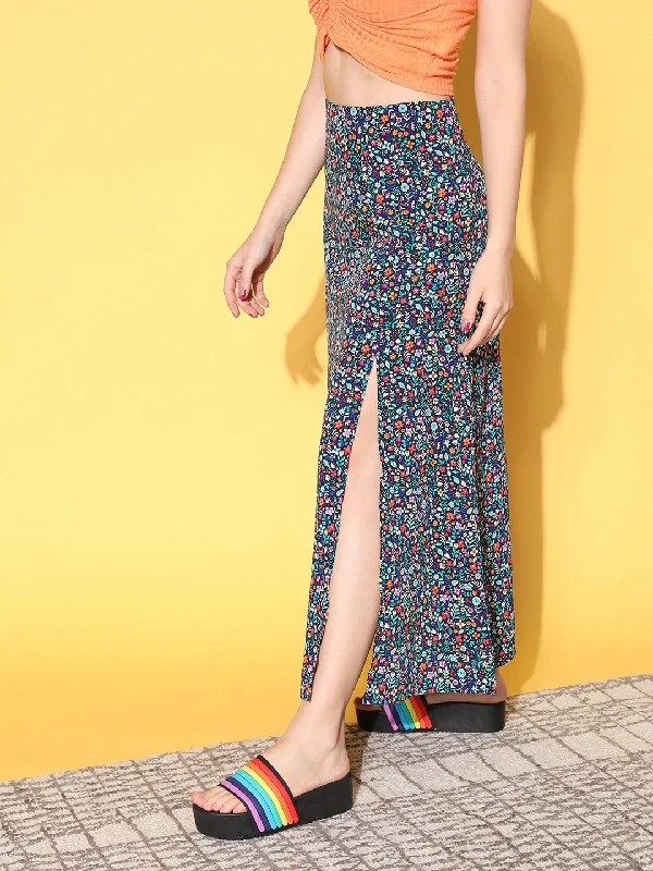 Berrylush Women Navy Blue & Red Floral Printed High-Rise Waist Side-Slit Flared A-Line Maxi Skirt