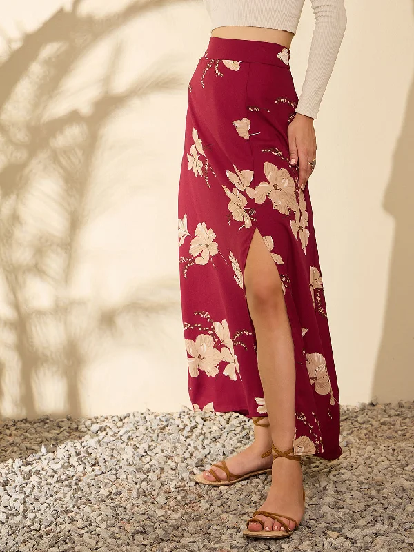 Berrylush Women Marron Floral Print High-Rise A-line Maxi Skirt