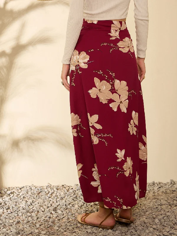 Berrylush Women Marron Floral Print High-Rise A-line Maxi Skirt