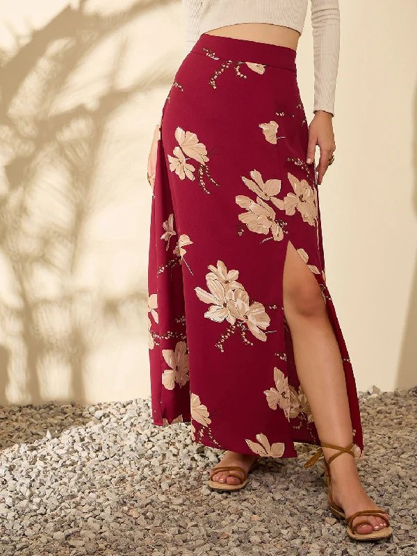 Berrylush Women Marron Floral Print High-Rise A-line Maxi Skirt