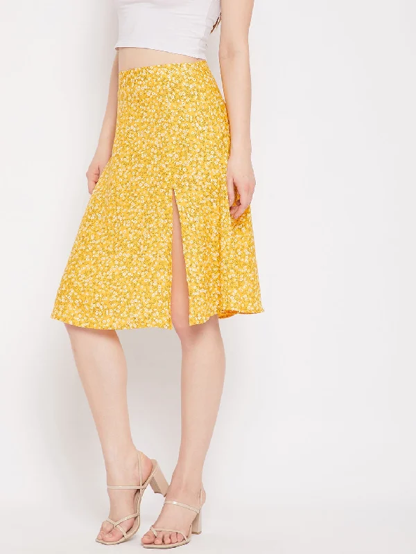 Berrylush Women Yellow & White Floral Printed Thigh-High Slit Pencil Midi Skirt