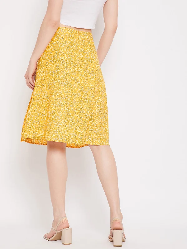 Berrylush Women Yellow & White Floral Printed Thigh-High Slit Pencil Midi Skirt