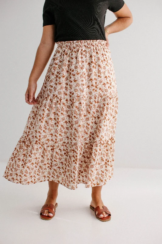 'Sylvie' Brown Floral Tiered Midi Skirt in Cream