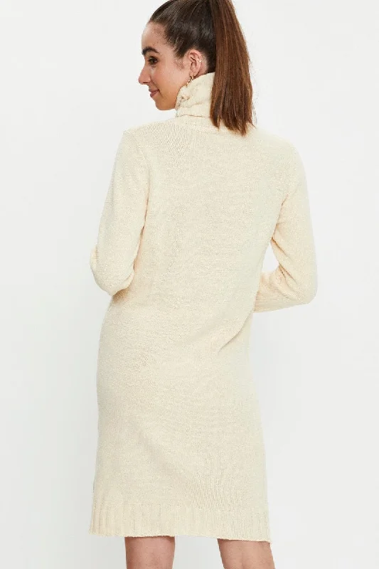 Beige Roll Neck Knit Dress