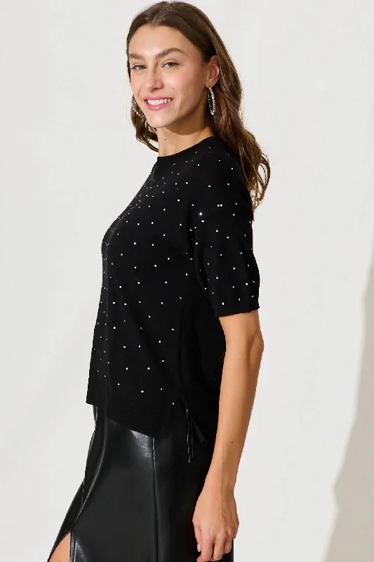 Bell Knit Top In Black With Diamonte