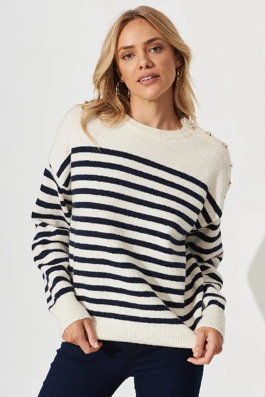 Biscot Knit In Cream With Black Stripe Wool Blend