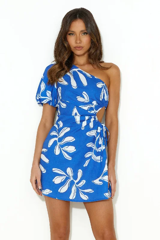 Brunch Convo One Shoulder Mini Dress Blue