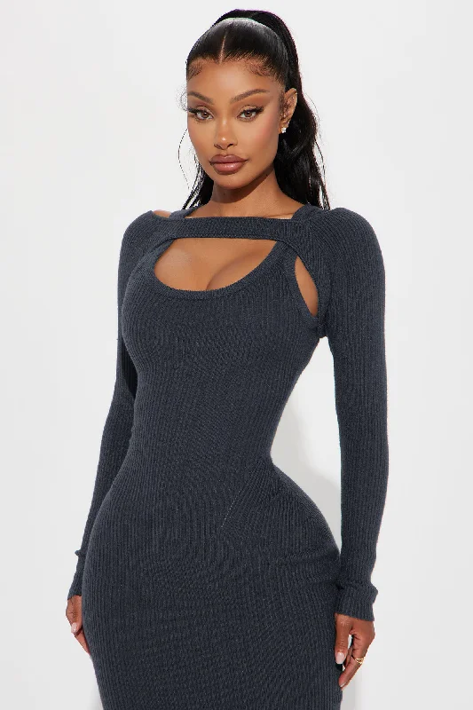 Cold Shoulder Sweater Midi Dress - Charcoal