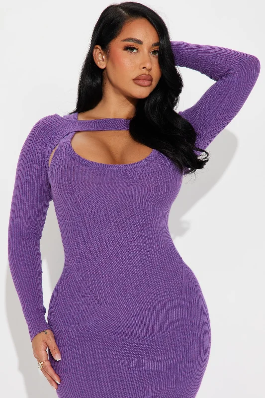 Cold Shoulder Sweater Midi Dress - Purple