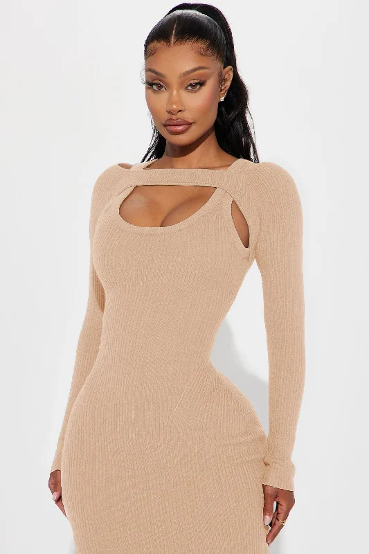 Cold Shoulder Sweater Midi Dress - Taupe