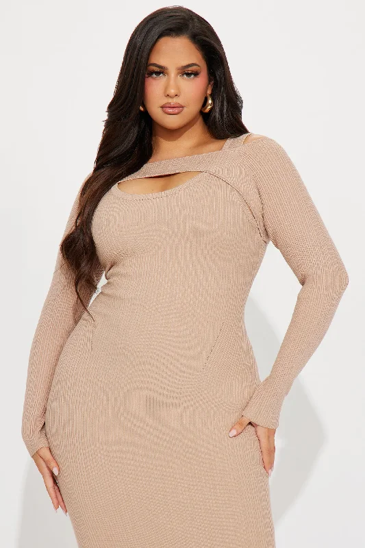 Cold Shoulder Sweater Midi Dress - Taupe