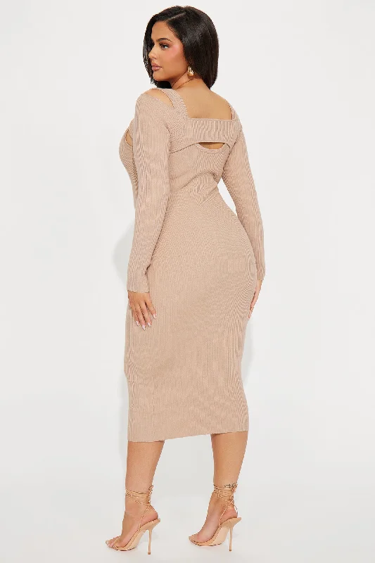 Cold Shoulder Sweater Midi Dress - Taupe