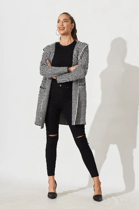 Jora Knit Hood Cardigan In Black With Herringbone Print Wool Blend