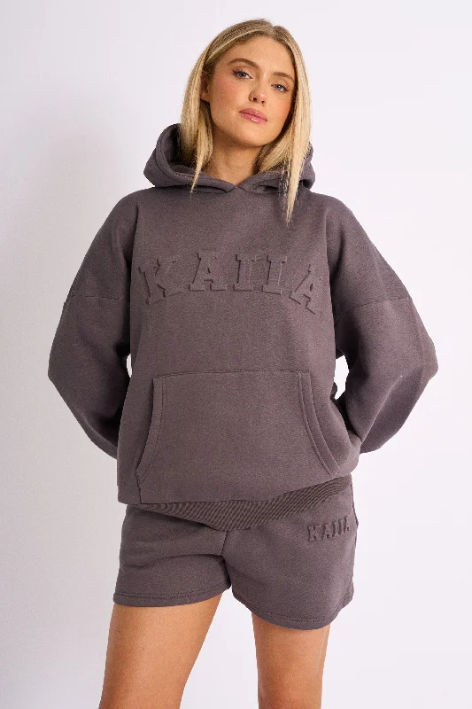 Kaiia Embossed Logo Oversized Hoodie Dark Grey