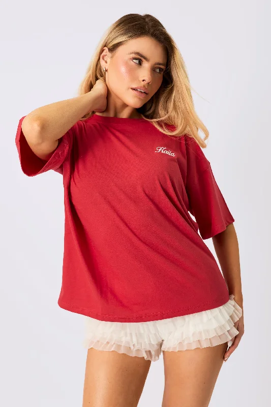 Kaiia Embroidered Logo Oversized T-Shirt Red