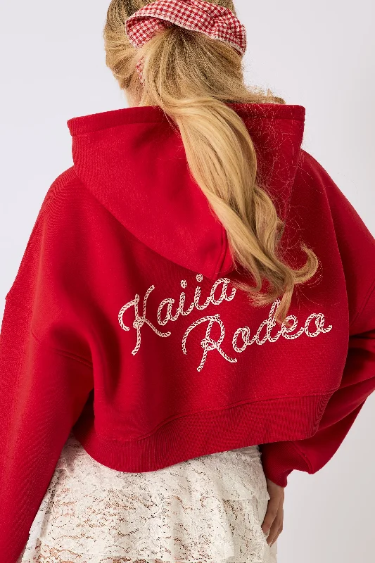 Kaiia Rodeo Logo Cropped Oversized Hoodie Red