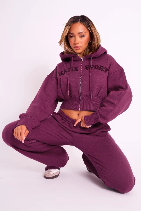 Kaiia Sport Logo Zip Through Cropped Hoodie Burgundy