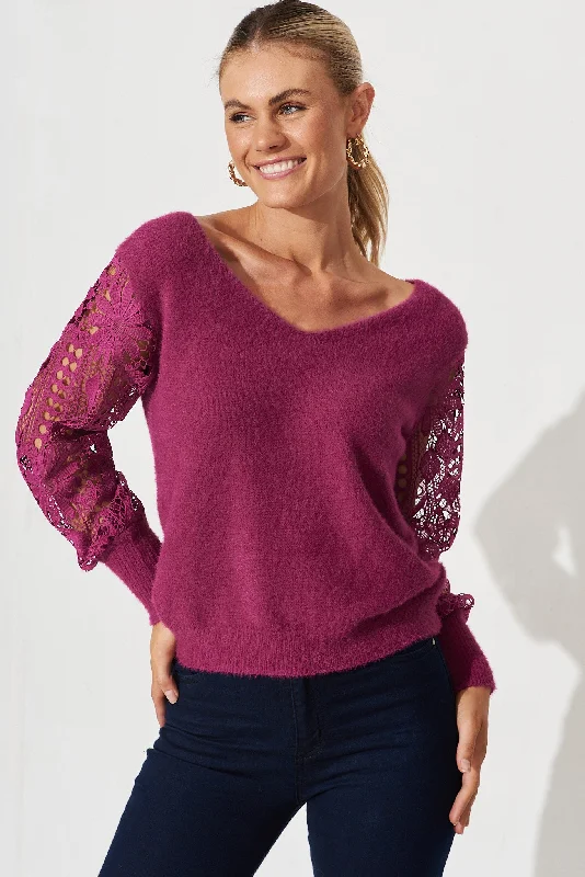 Marita Knit In Magenta Lace Detail Wool Blend