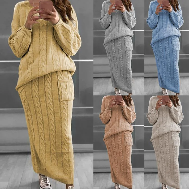 S-5XL Plus Size Women Clothing Lady Sweater 2 Pieces Set Casual Oversized Cable Knit Two Piece Sweater Skirt Dress Set Women