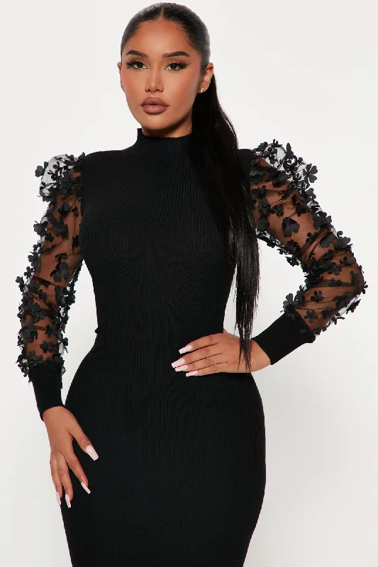 Sheer Luck Sweater Midi Dress - Black