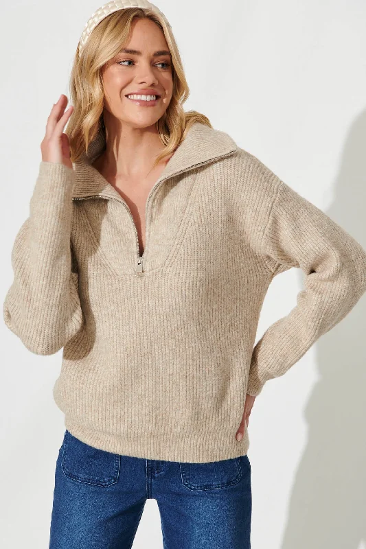 Uma Zip Athleisure Knit In Taupe Wool Blend