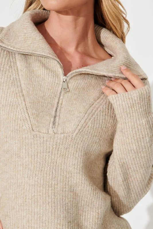 Uma Zip Athleisure Knit In Taupe Wool Blend