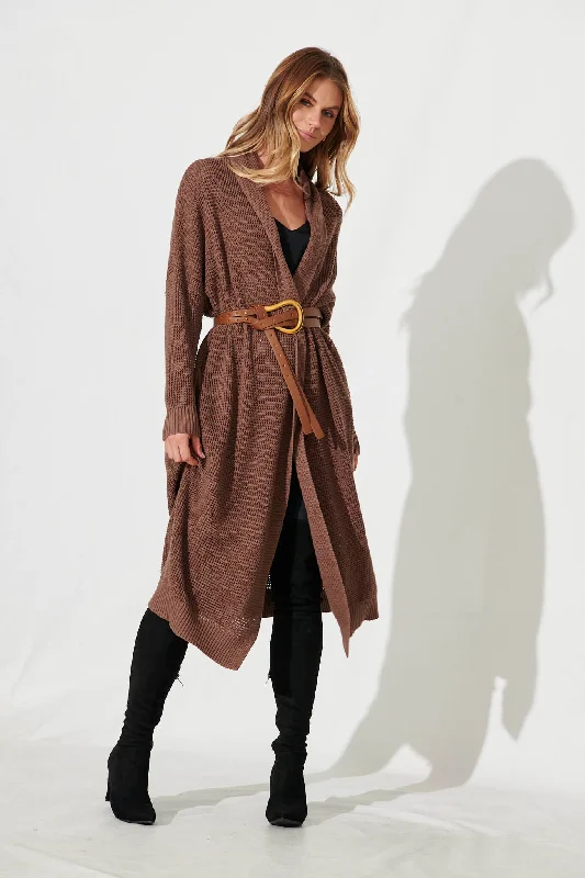 Zellweger Longline Knit Cardigan In Brown Cotton Blend