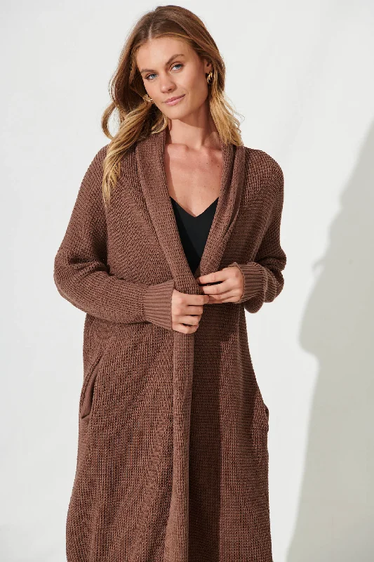 Zellweger Longline Knit Cardigan In Brown Cotton Blend