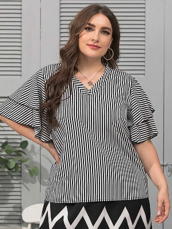 KittenAlarm - Plus size women's fashion V neck lotus leaf sleeves holiday style striped T-shirt top