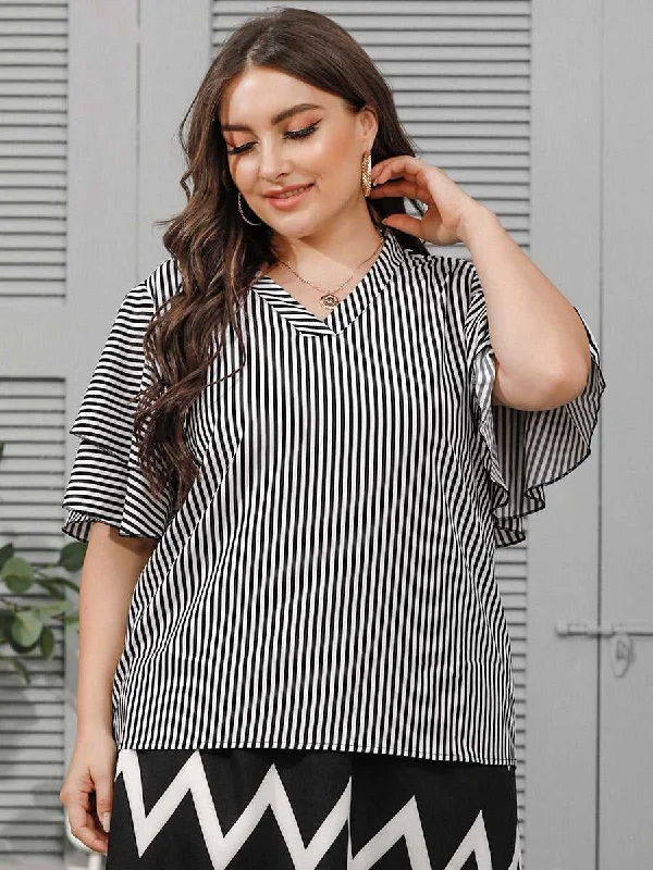 KittenAlarm - Plus size women's fashion V neck lotus leaf sleeves holiday style striped T-shirt top