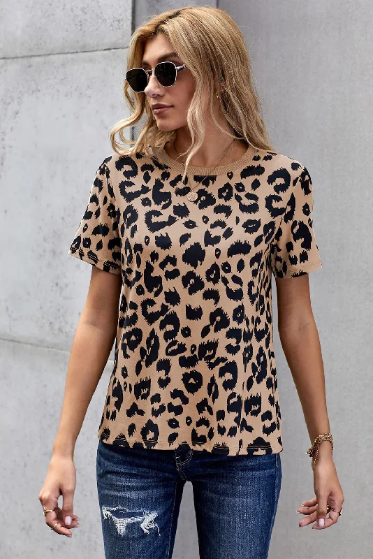 KittenAlarm - Fashion Women Short Sleeve Crew Neck Leopard Print Basic T-shirt