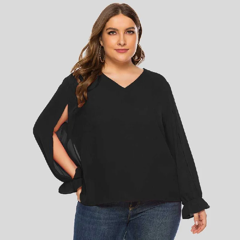 KittenAlarm - Plus Size Women Solid V-neck Puffy Sleeve Loose Long Sleeve Chiffon Blouse Shirt