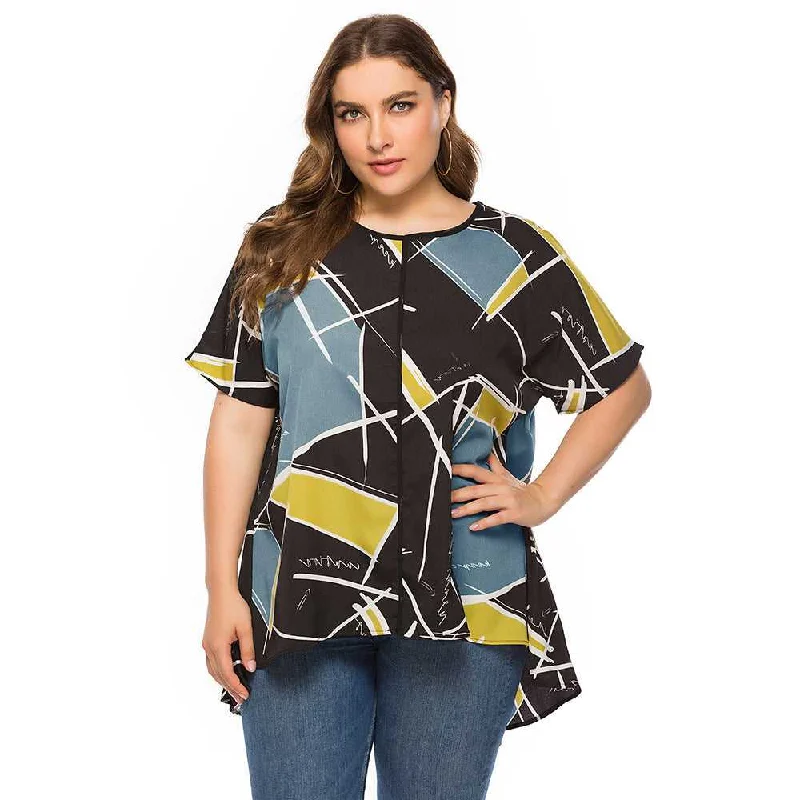 KittenAlarm - Large Size Women's Loose Geometric Print Short Sleeves T-shirt