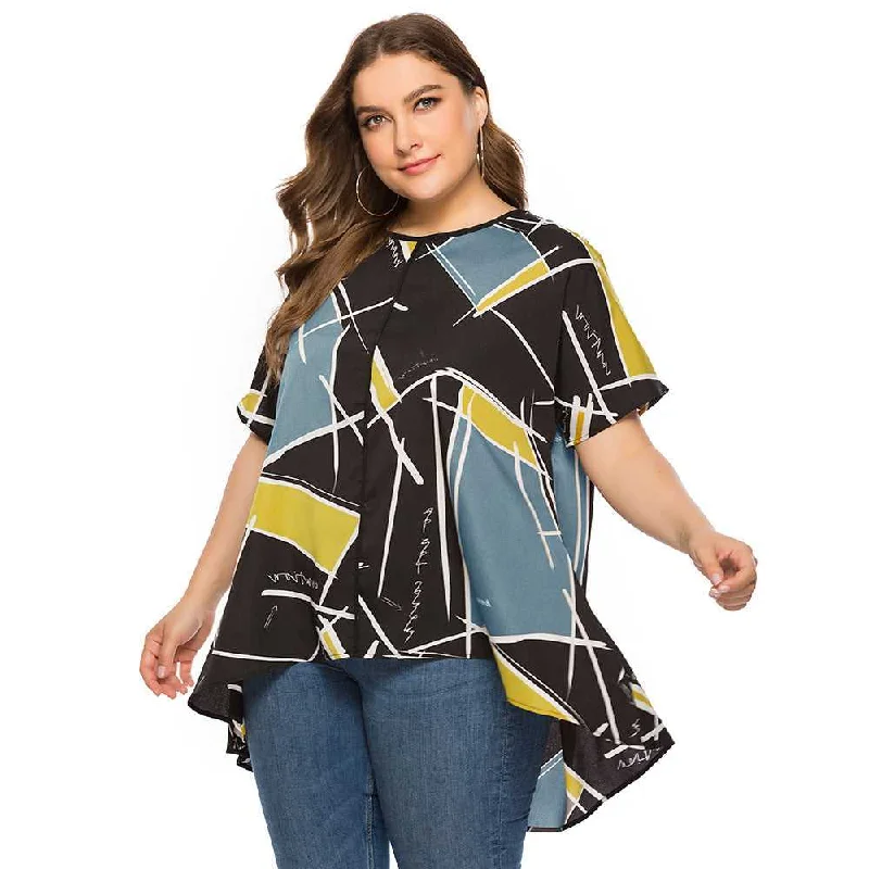 KittenAlarm - Large Size Women's Loose Geometric Print Short Sleeves T-shirt