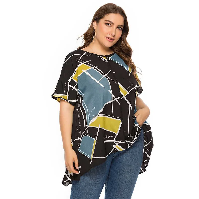 KittenAlarm - Large Size Women's Loose Geometric Print Short Sleeves T-shirt