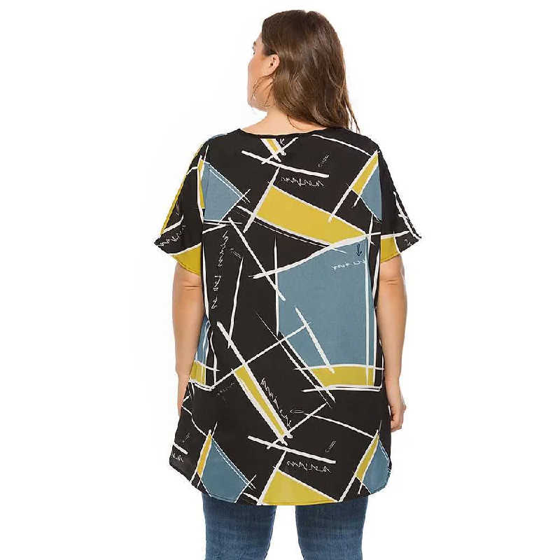 KittenAlarm - Large Size Women's Loose Geometric Print Short Sleeves T-shirt