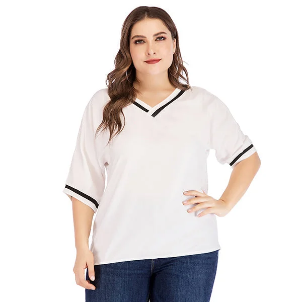 KittenAlarm - Plus size women's loose joker V neck short sleeve T-shirt