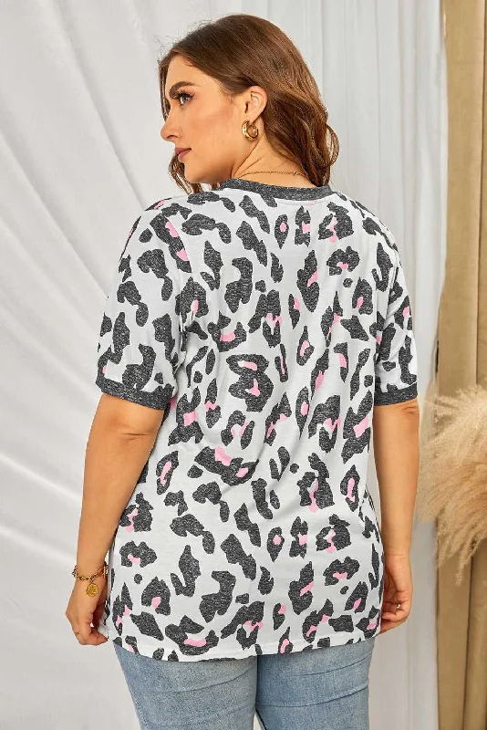 KittenAlarm - Women's Plus Size Fashion Leopard Print T-Shirt Casual V Neck Short Sleeve Blouse