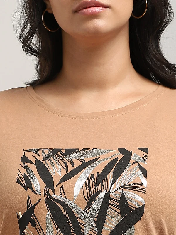 Gia Light Brown Leaf Design Cotton T-Shirt