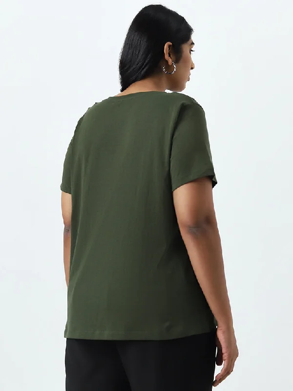 Gia Olive Abstract Printed Cotton T-Shirt