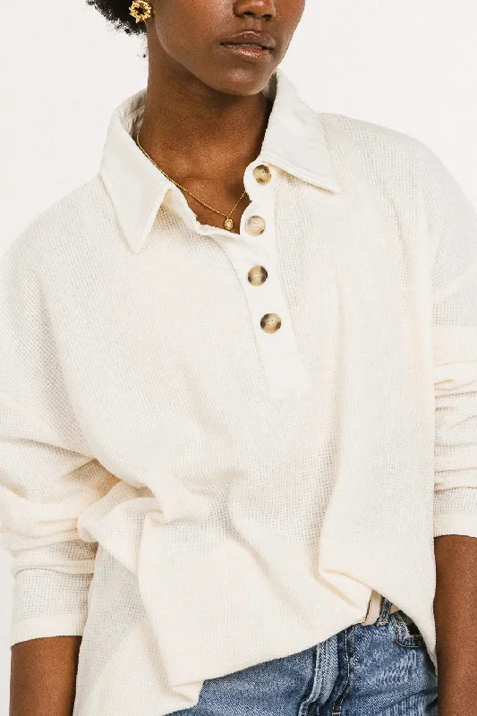 Isabelle Waffle Knit Henley Top in Cream