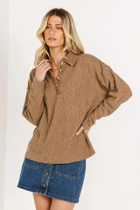 Isabelle Waffle Knit Henley Top in Mocha