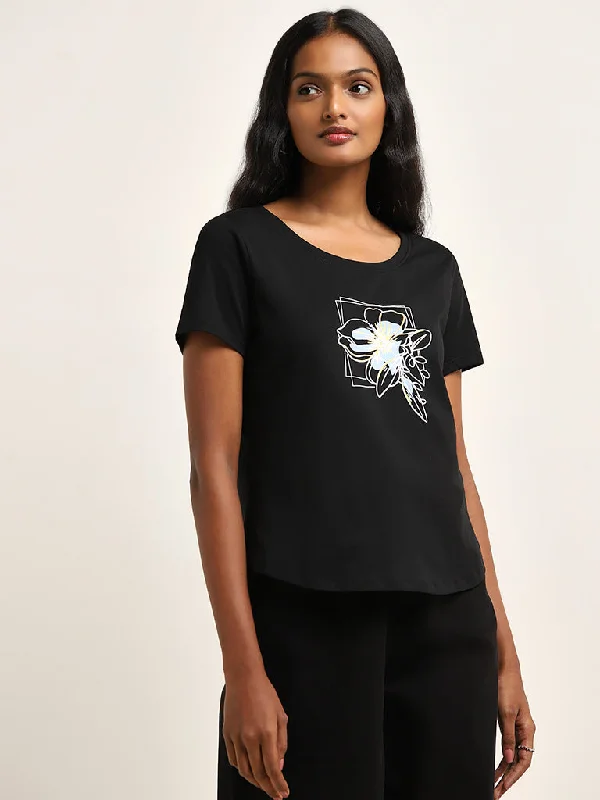 LOV Black Floral Design Cotton T-Shirt