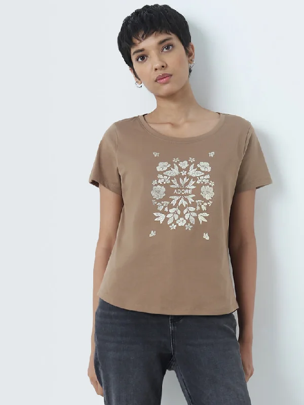 LOV Taupe Floral Design Cotton T-Shirt