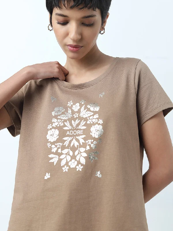 LOV Taupe Floral Design Cotton T-Shirt