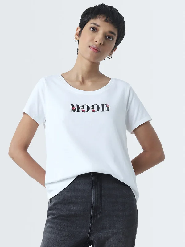 LOV White Text Printed Cotton T-Shirt