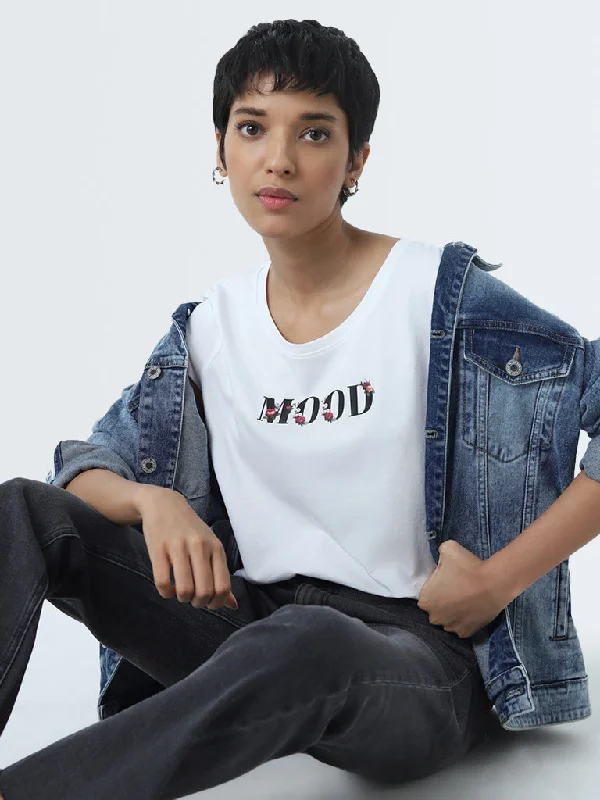 LOV White Text Printed Cotton T-Shirt