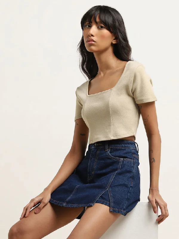 Nuon Beige Seam-Detailed Cropped T-Shirt